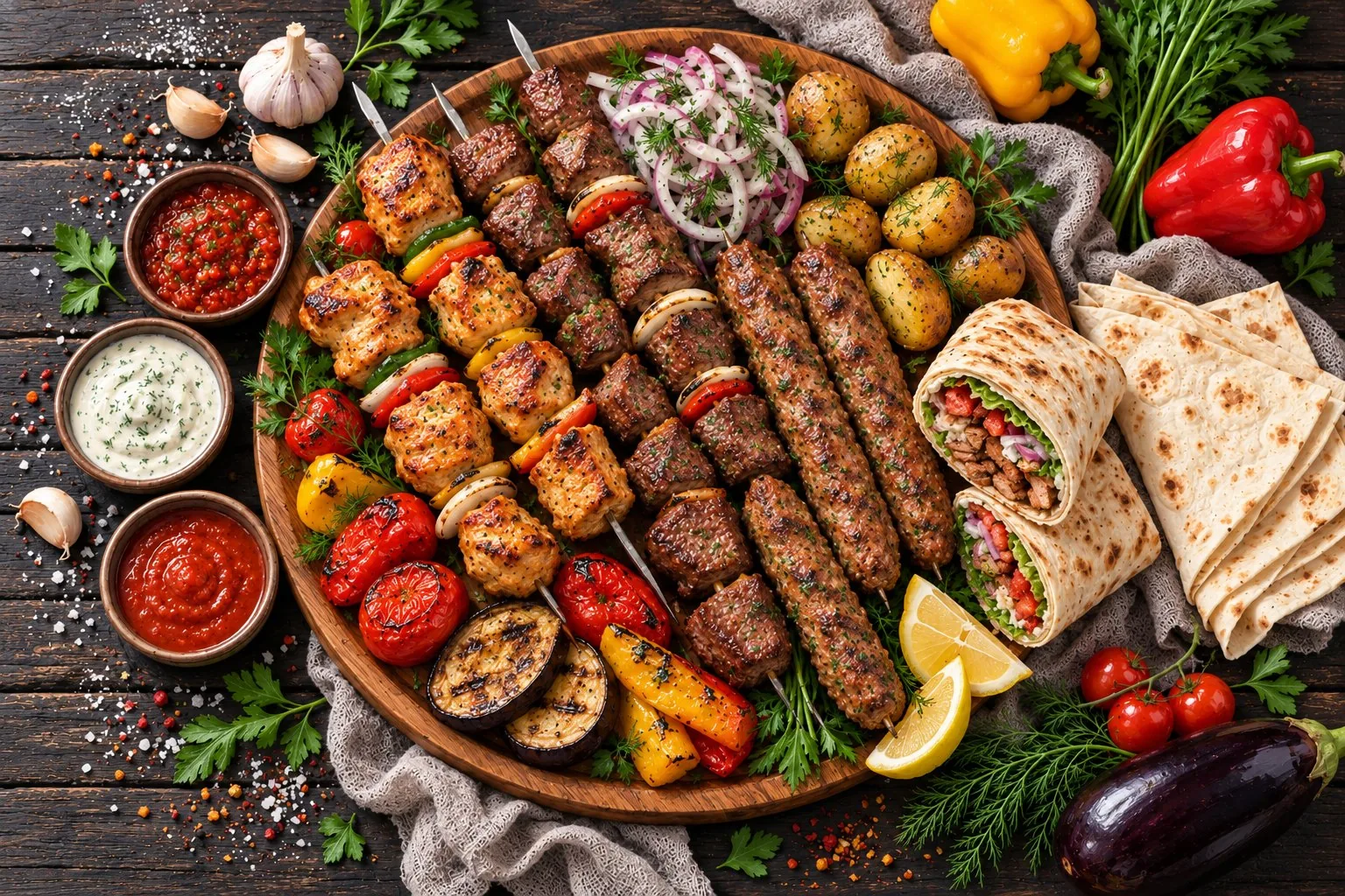 Круглая доска с шампурами: куриный шашлык, баранина и люля-кебаб, овощи с углей, картошка и лук с укропом; рядом шаурма, лаваш и три соуса