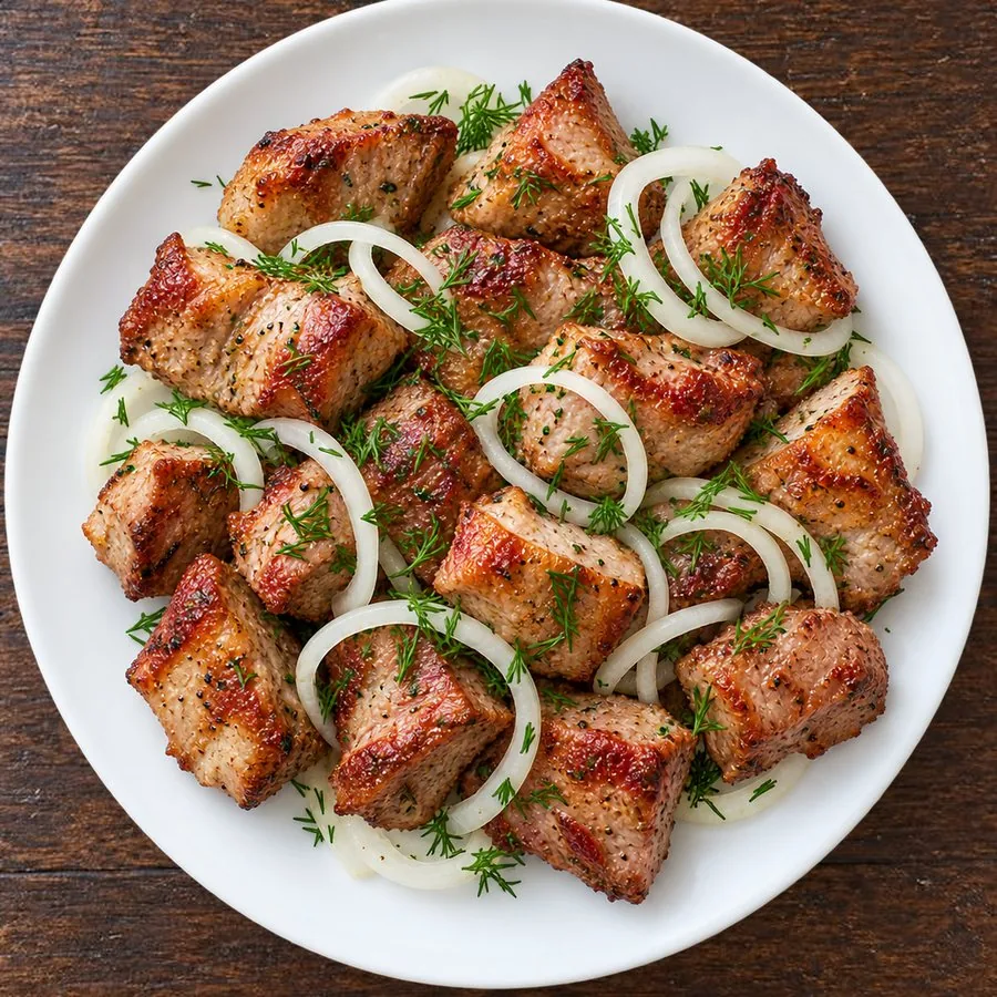 Свиная шейка кусками с луком